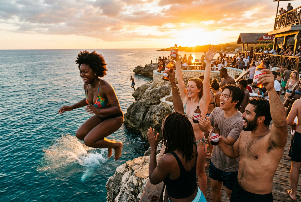 Sunset and guests at Rick’s Café in Negril